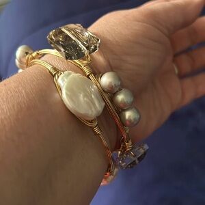 Gold and Pearl Wire Bracelet with Crystal Accents